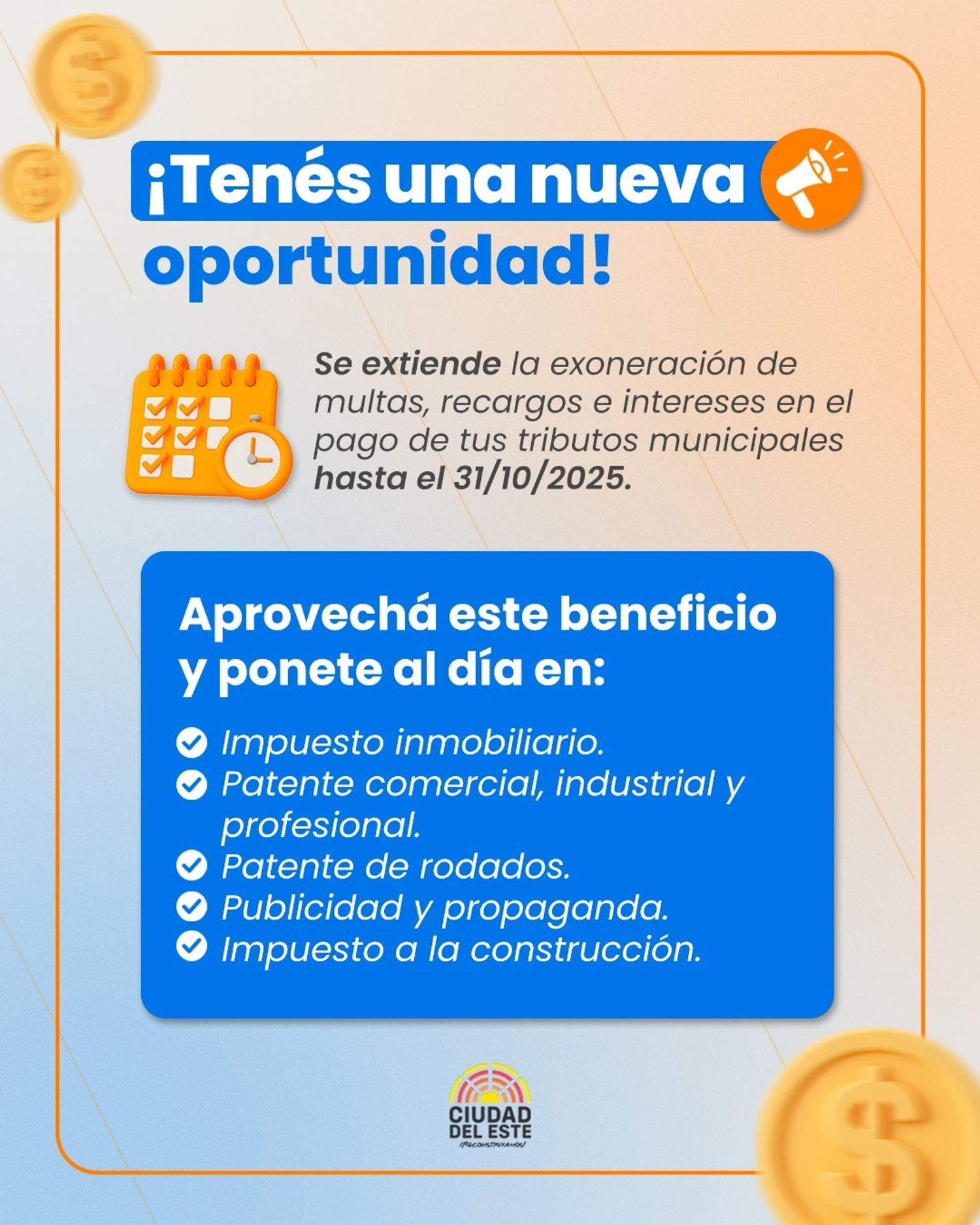 Municipalidad de Ciudad del Este extiende la exoneración de recargos y multas por el mes de octubre